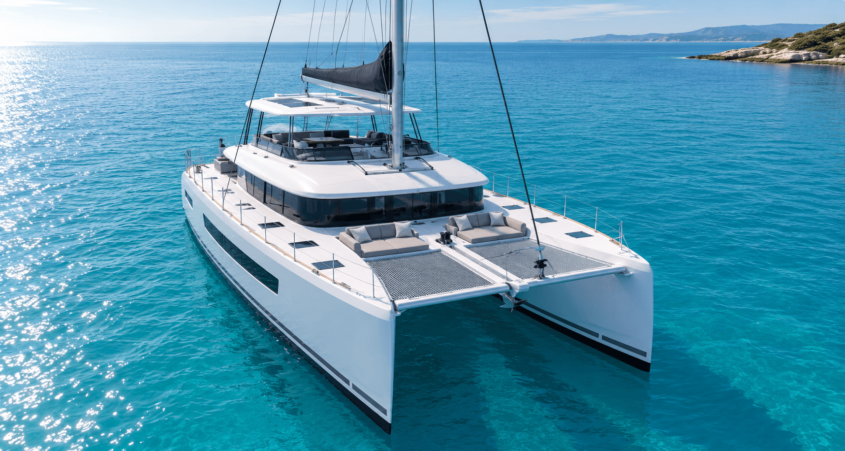 Le catamaran Lagoon 52F au mouillage dans une eau turquoise