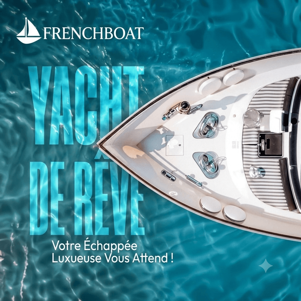 FrenchBoat — Yacht de rêve : votre échappée luxueuse vous attend. Vue aérienne de l'étrave d'un yacht blanc sur une eau turquoise.